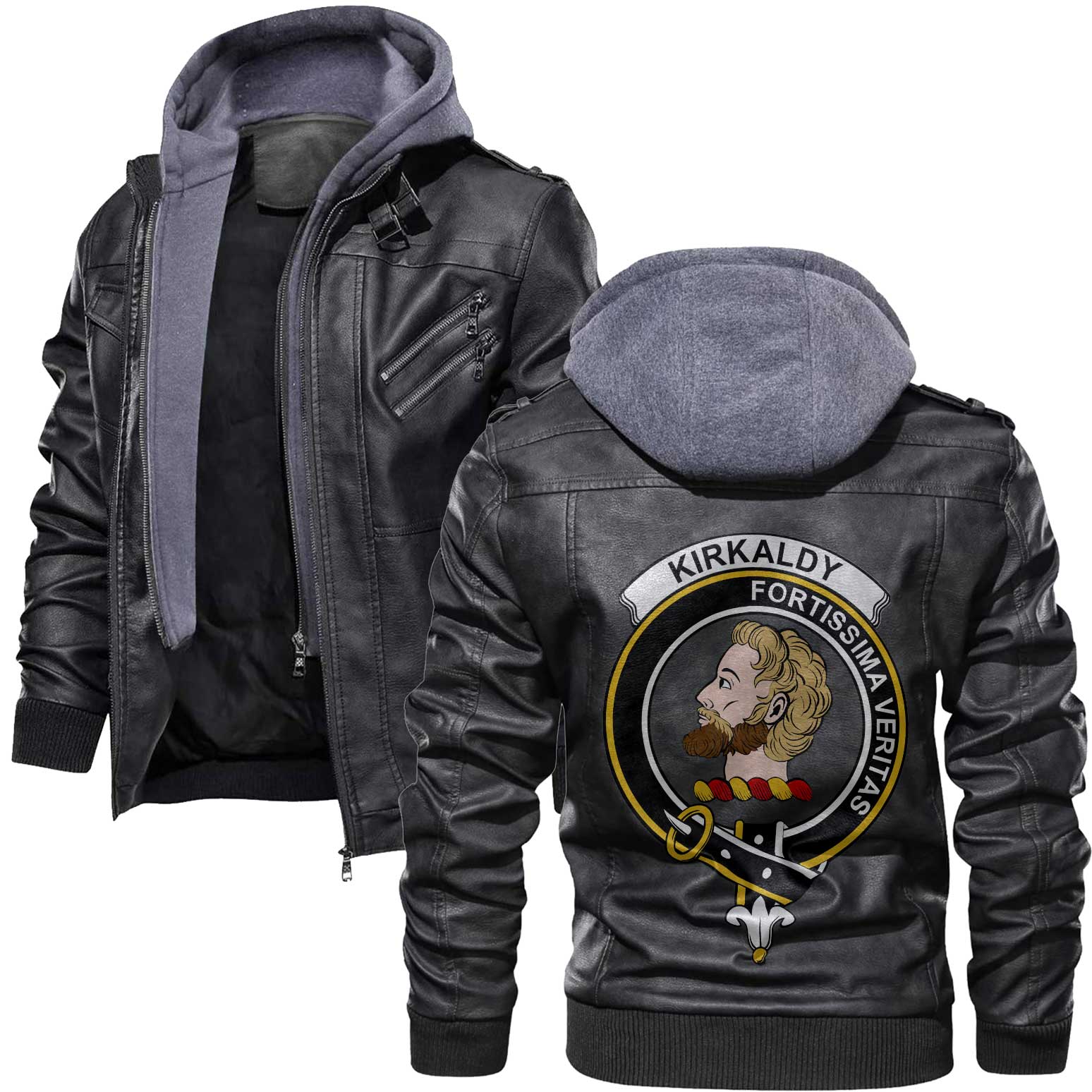 Clan Kirkaldy Tartan Zip Leather Jacket Crest And Plaid Basic Style