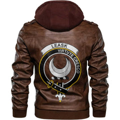 Clan Leask Tartan Zip Leather Jacket Crest And Plaid Basic Style