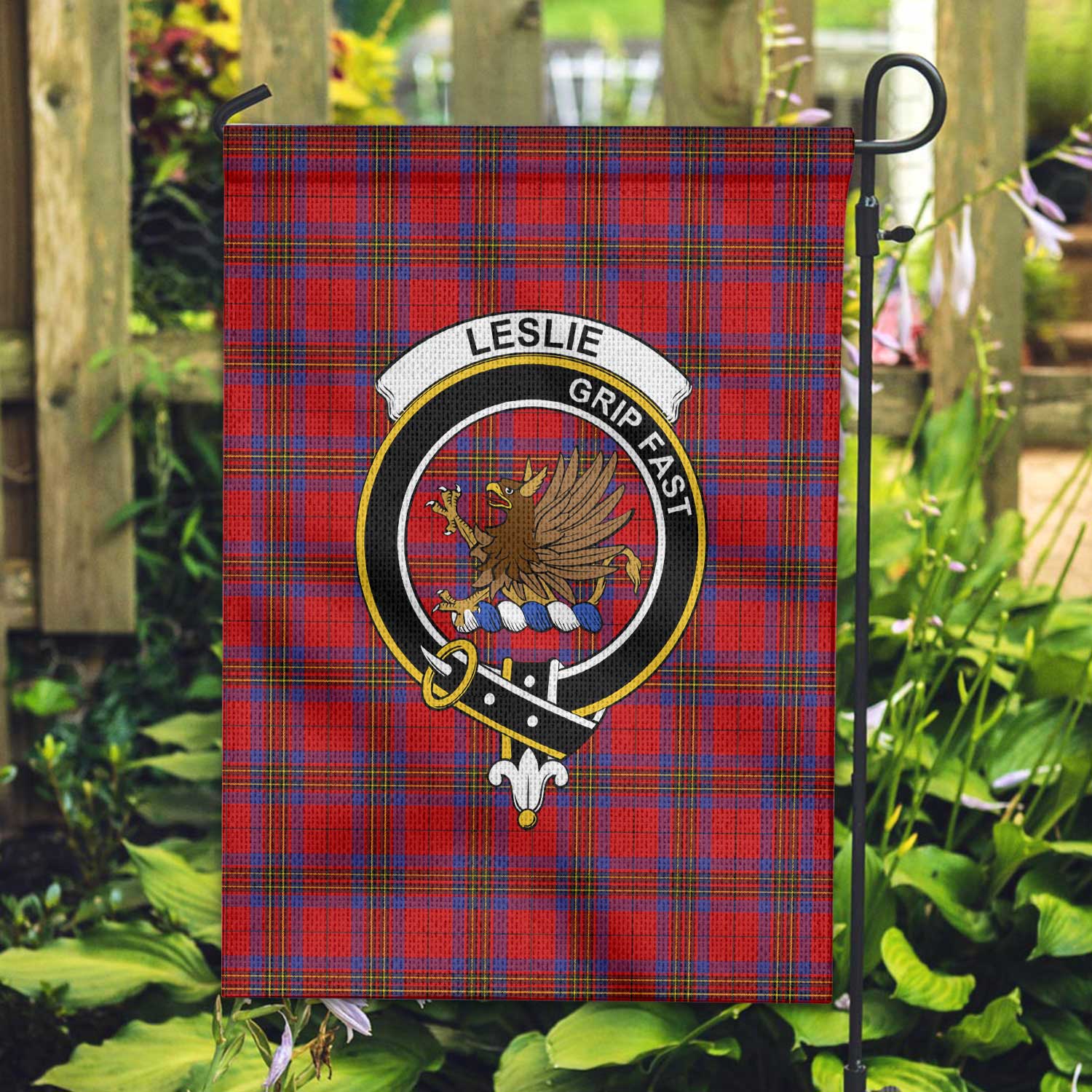 Clan Leslie Tartan Garden Flag Crest And Plaid Basic Style