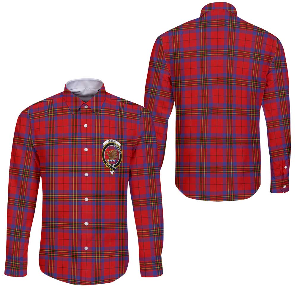 Clan Leslie Tartan Long Sleeve Button Shirt Crest And Plaid Basic Style
