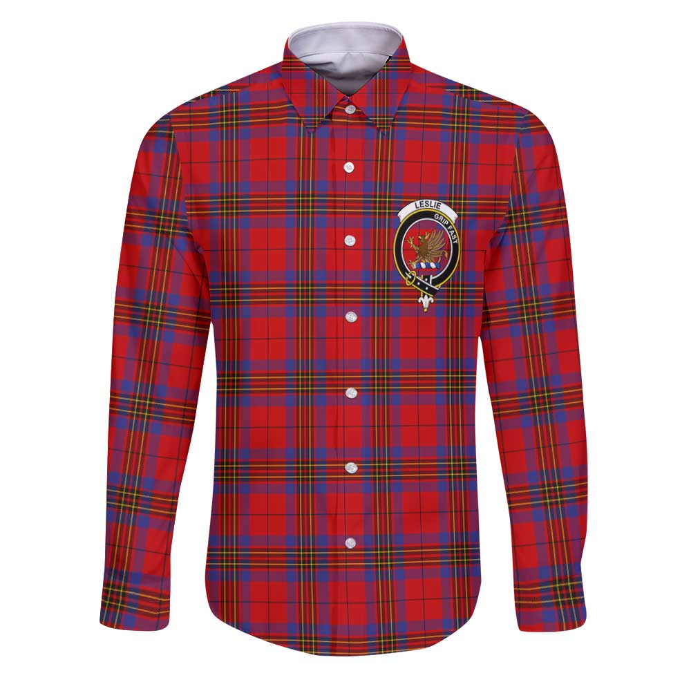 Clan Leslie Tartan Long Sleeve Button Shirt Crest And Plaid Basic Style