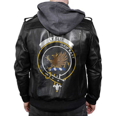 Clan Leslie Tartan Zip Leather Jacket Crest And Plaid Basic Style