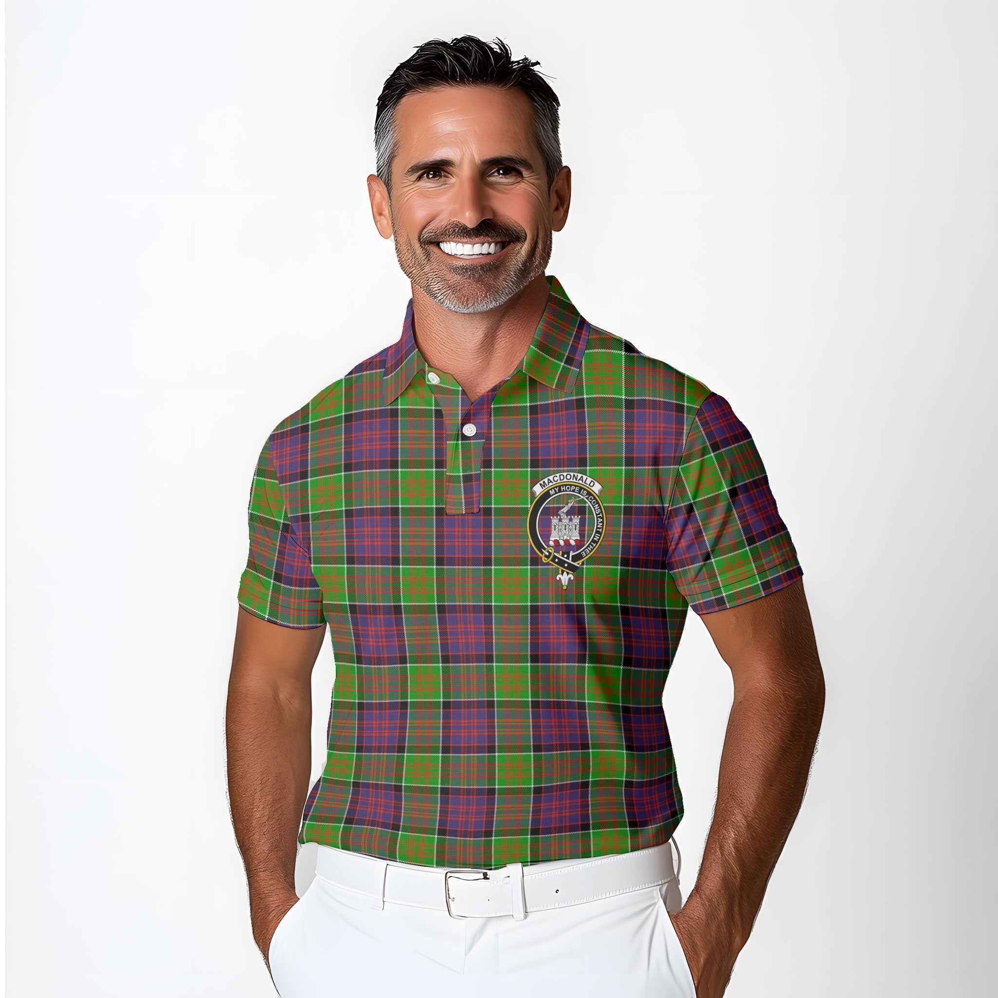 Clan Macdonald Donald Tartan Men Polo Shirt Crest And Plaid Basic Style