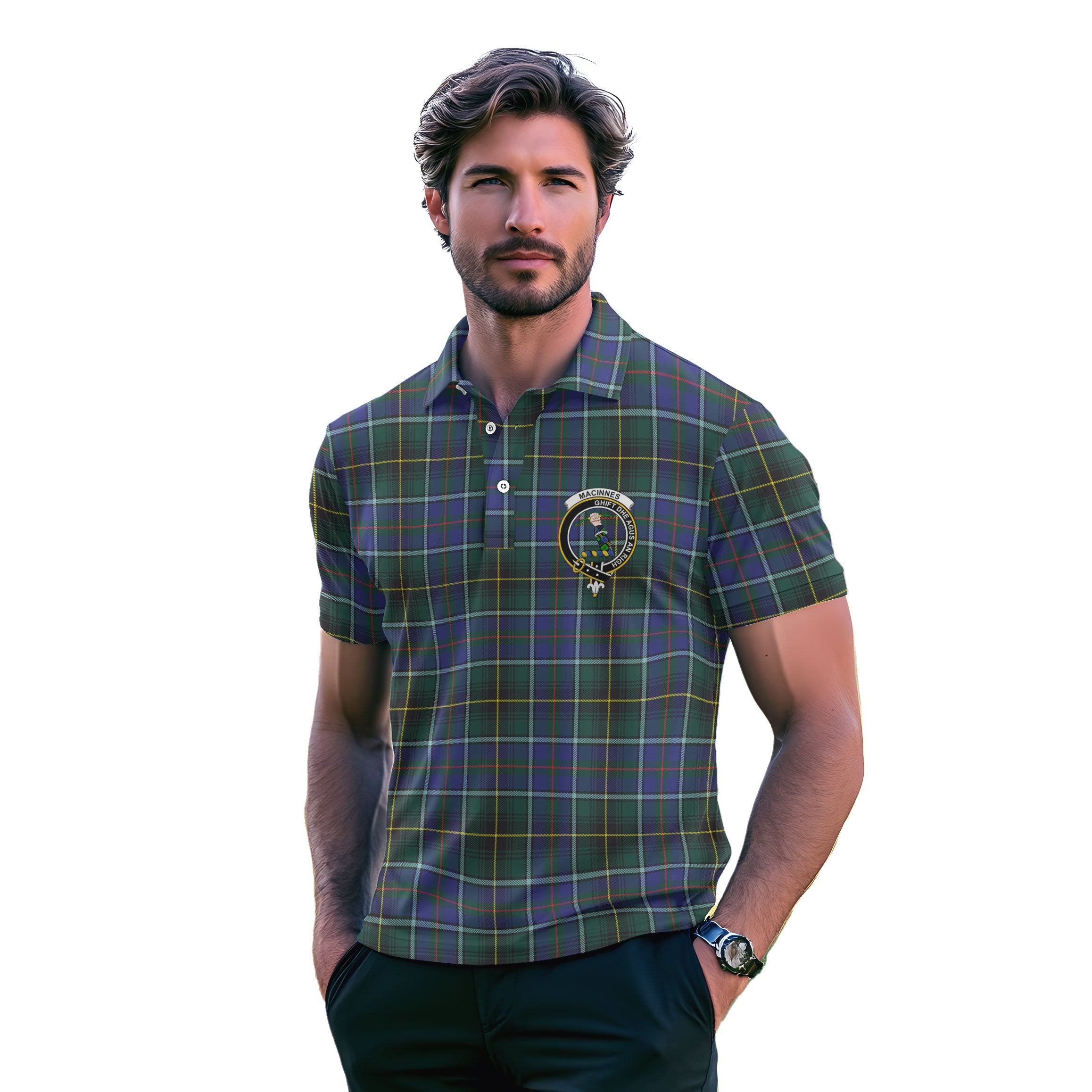Clan Macinnes Tartan Men Polo Shirt Crest And Plaid Basic Style