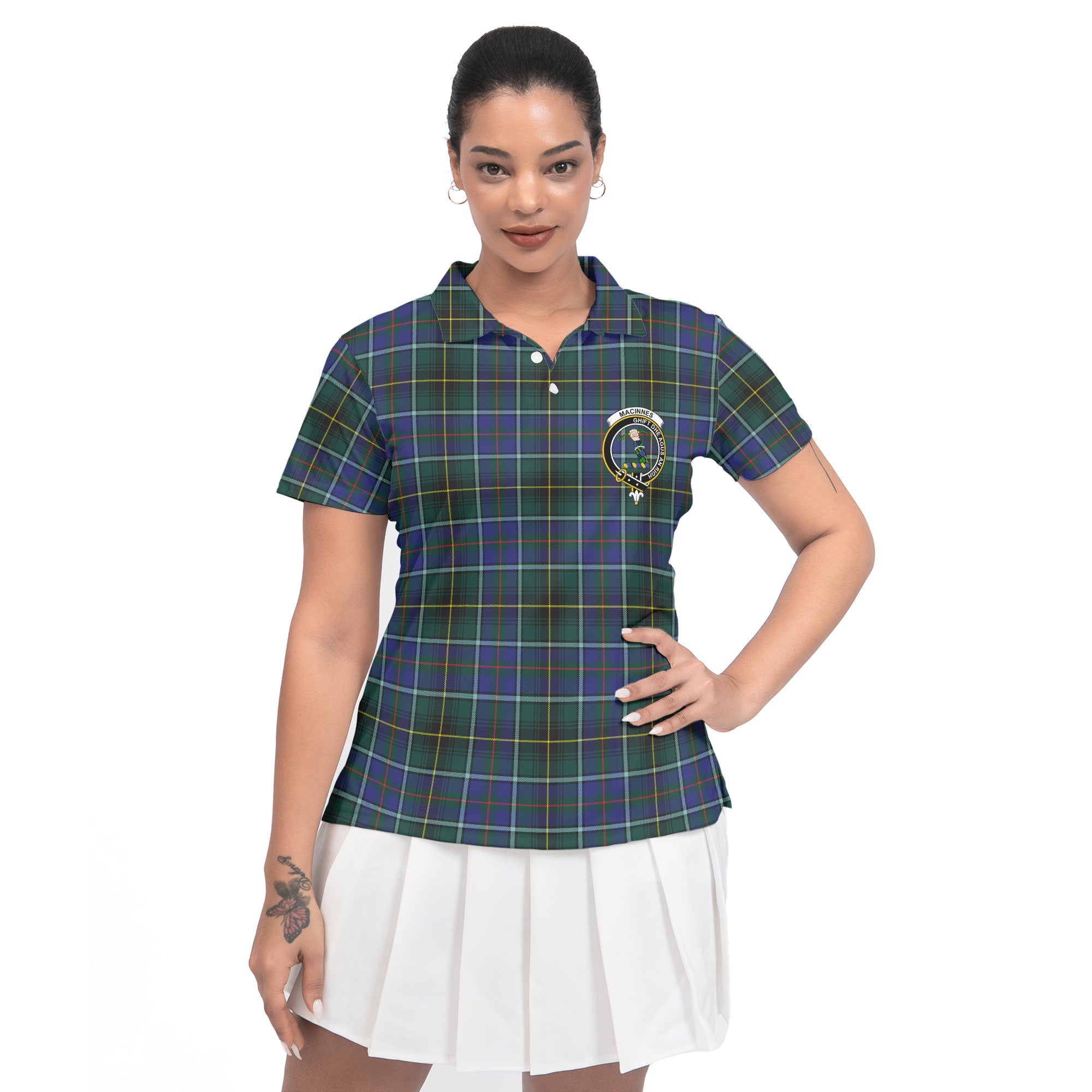 Clan Macinnes Tartan Women Polo Shirt Crest And Plaid Basic Style