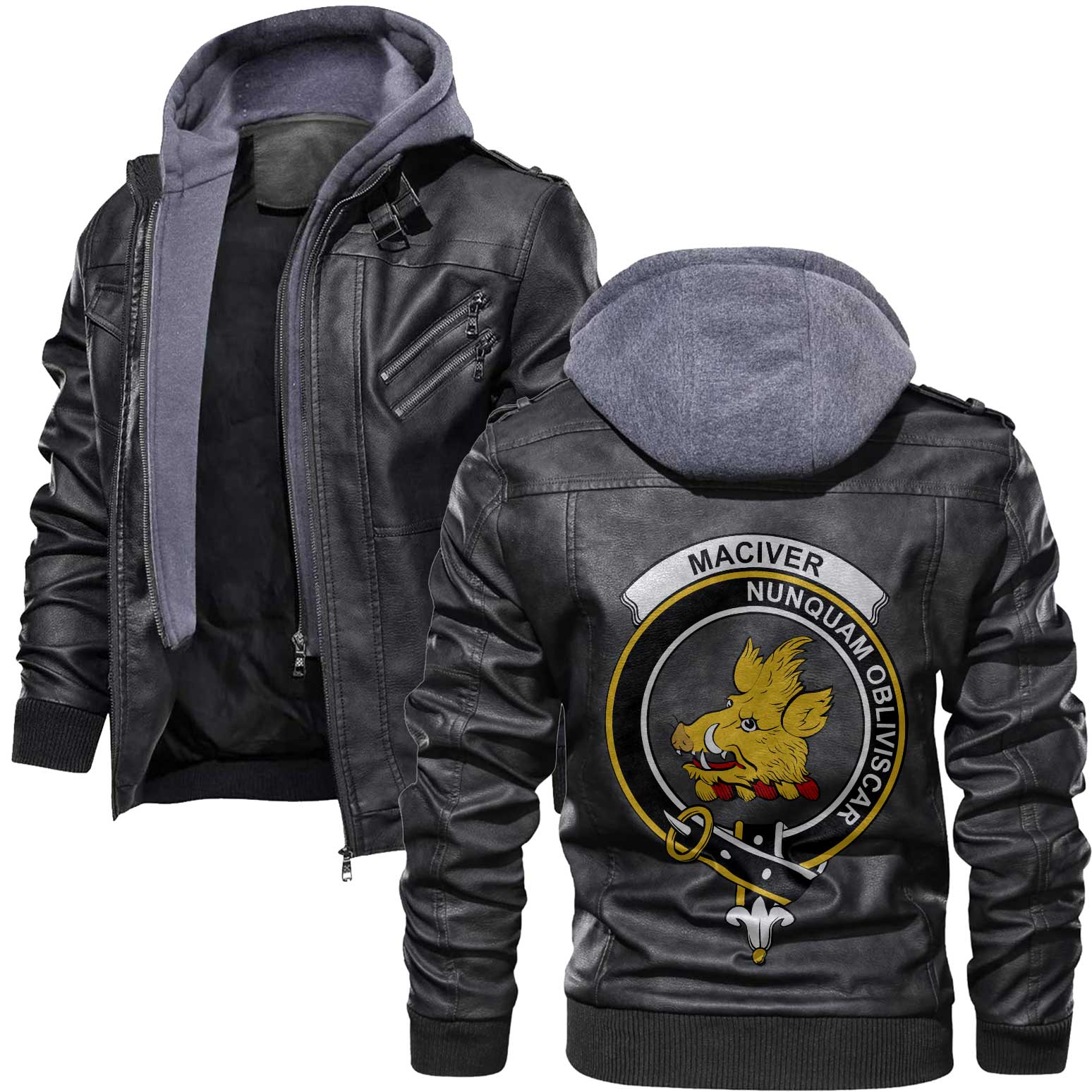 Clan Maciver Tartan Zip Leather Jacket Crest And Plaid Basic Style