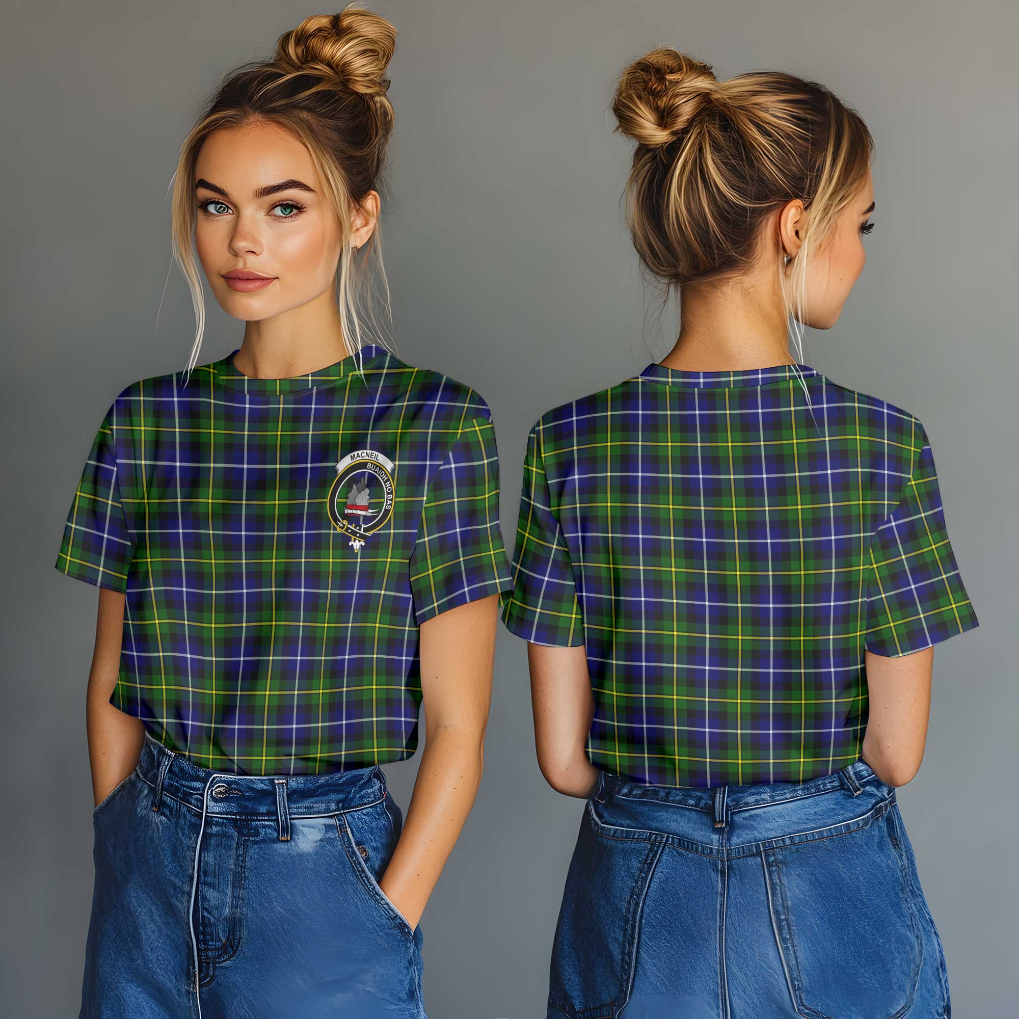 Clan Macneil Of Barra Tartan Women T Shirt Crest And Plaid Basic Style