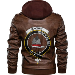Clan Macneil Of Barra Tartan Zip Leather Jacket Crest And Plaid Basic Style
