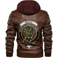 Clan Maule Tartan Zip Leather Jacket Crest And Plaid Basic Style