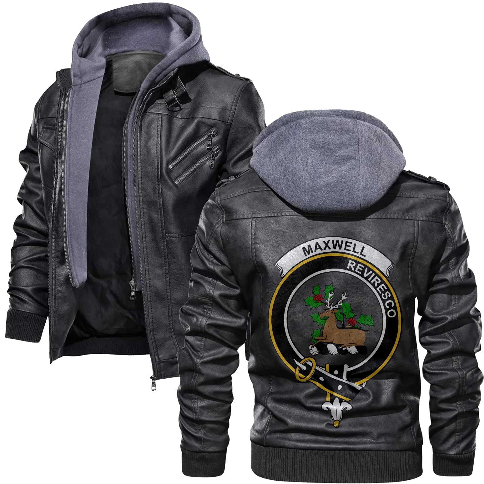 Clan Maxwell Tartan Zip Leather Jacket Crest And Plaid Basic Style