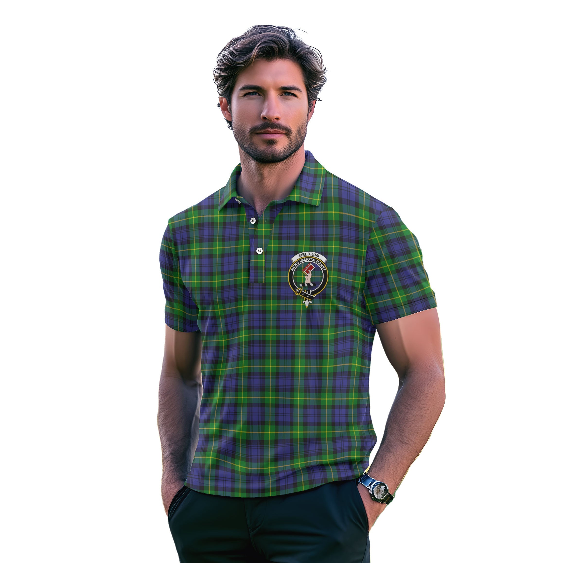 Clan Meldrum Tartan Golf Men Polo Shirt Crest And Plaid Basic Style