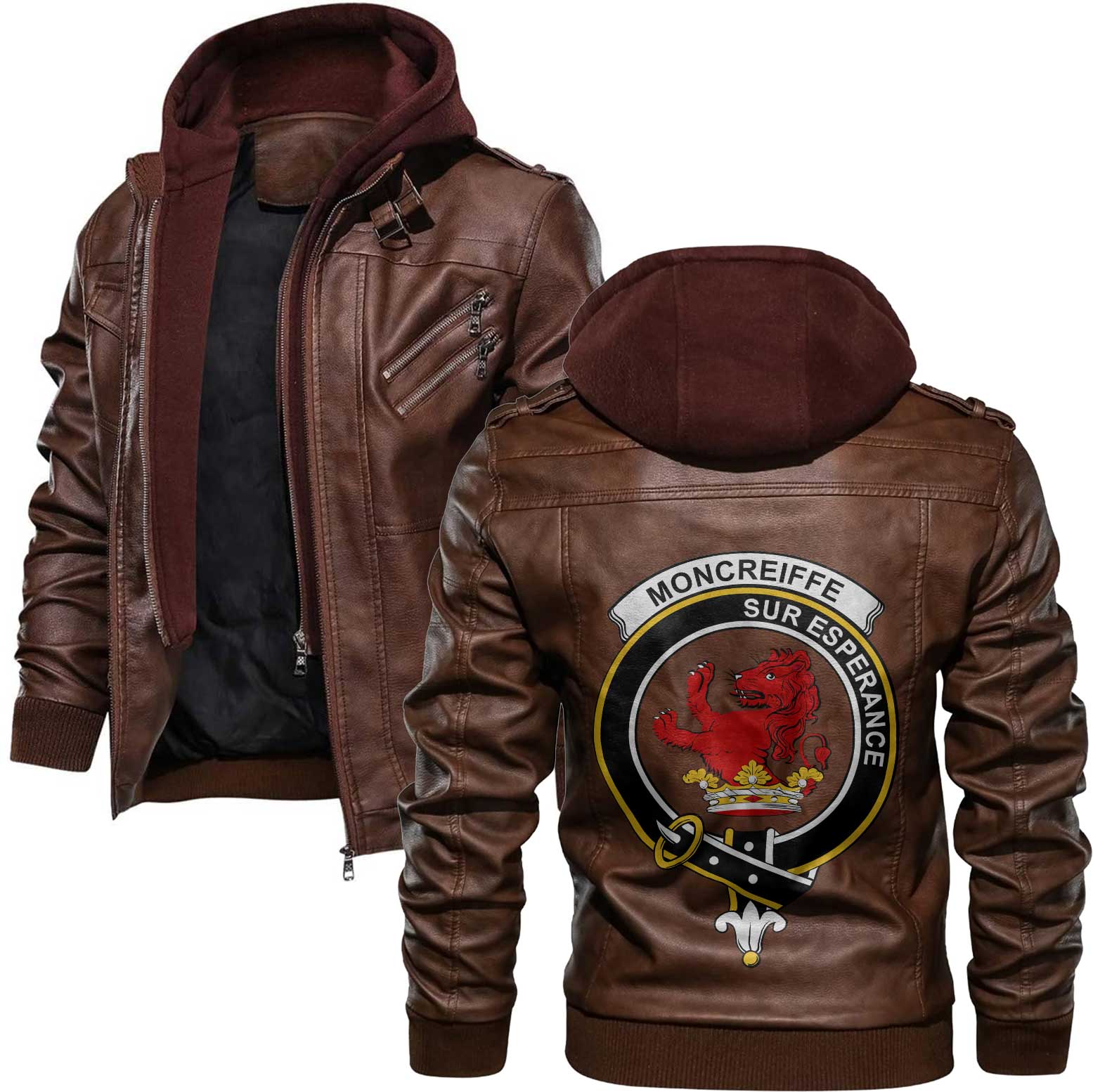 Clan Moncreiffe Tartan Zip Leather Jacket Crest And Plaid Basic Style