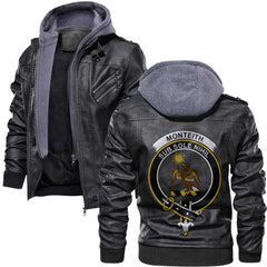 Clan Monteith Tartan Zip Leather Jacket Crest And Plaid Basic Style