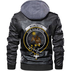 Clan Monteith Tartan Zip Leather Jacket Crest And Plaid Basic Style