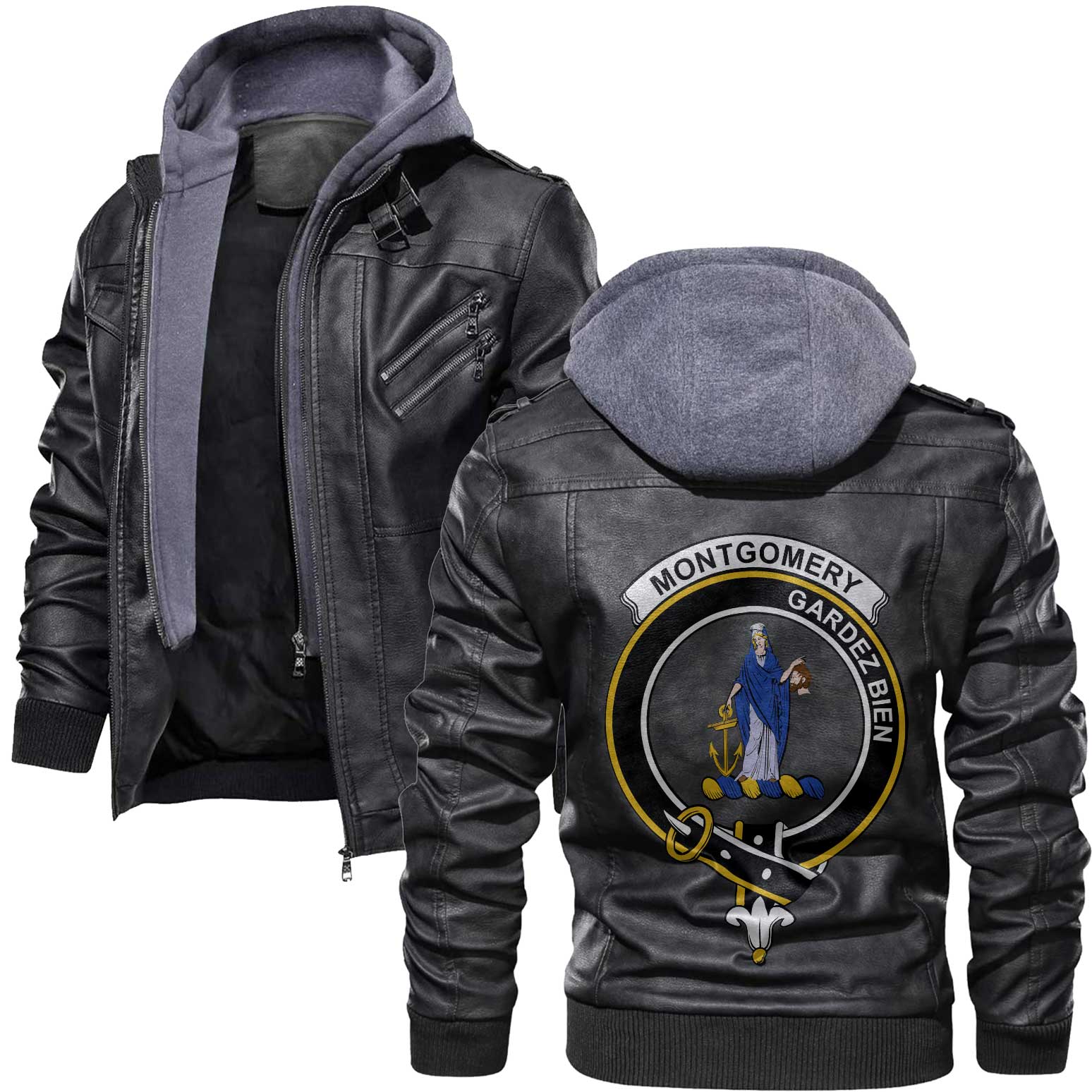 Clan Montgomery Tartan Zip Leather Jacket Crest And Plaid Basic Style