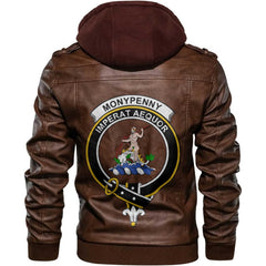 Clan Monypenny Tartan Zip Leather Jacket Crest And Plaid Basic Style
