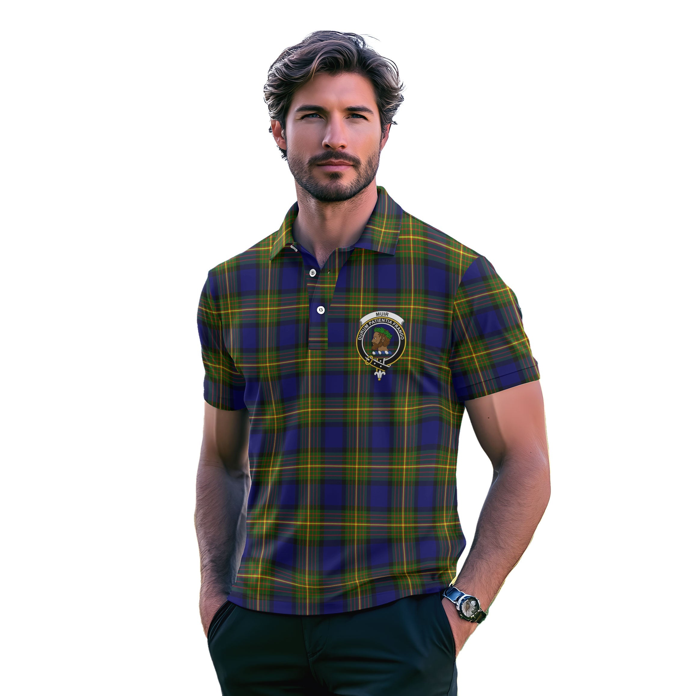 Clan Muir Tartan Golf Men Polo Shirt Crest And Plaid Basic Style