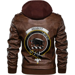 Clan Nesbitt Tartan Zip Leather Jacket Crest And Plaid Basic Style