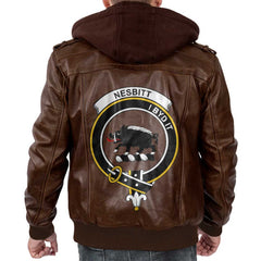 Clan Nesbitt Tartan Zip Leather Jacket Crest And Plaid Basic Style