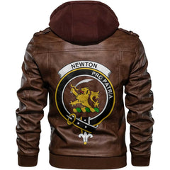 Clan Newton Tartan Zip Leather Jacket Crest And Plaid Basic Style