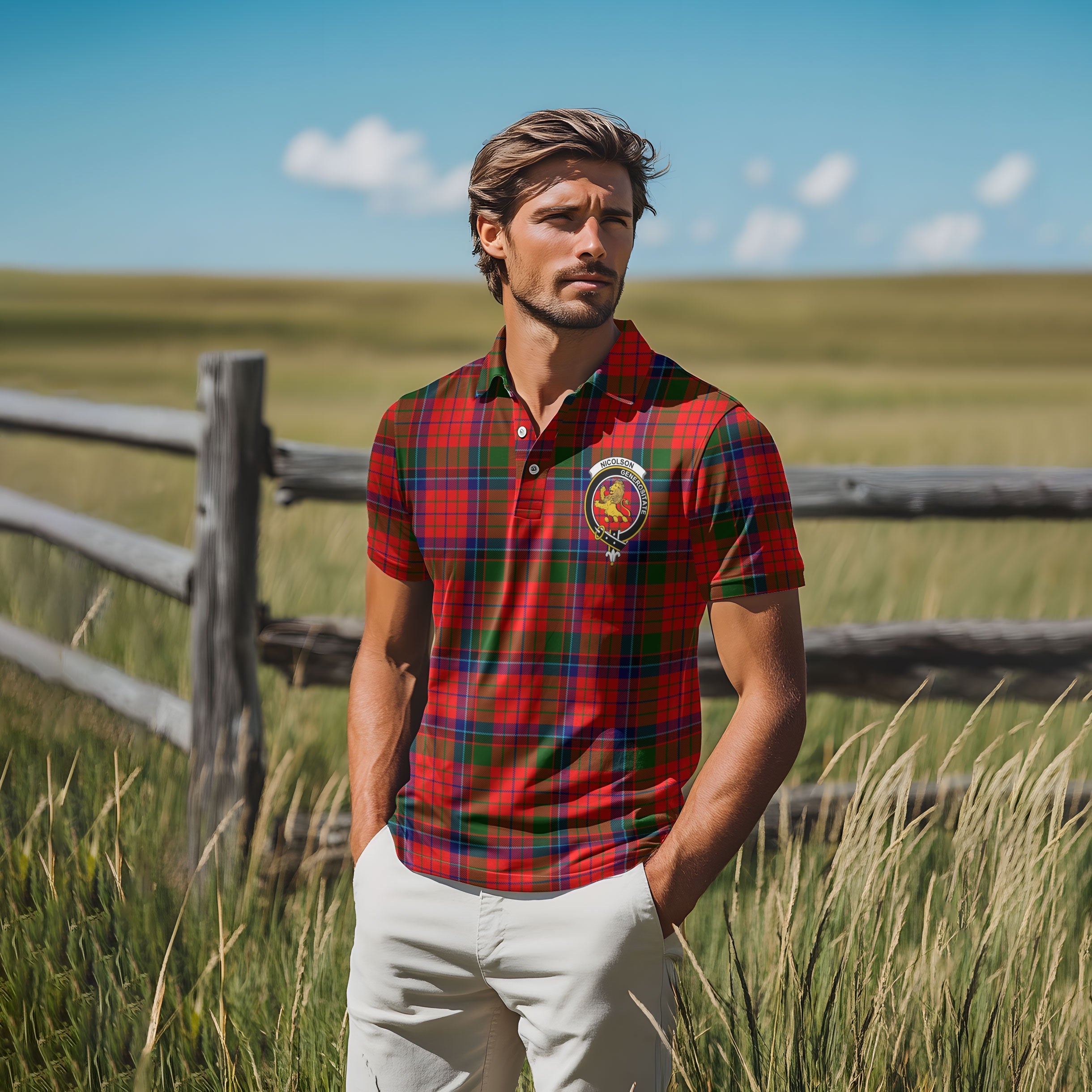 Clan Nicolson Tartan Men Polo Shirt Crest And Plaid Basic Style