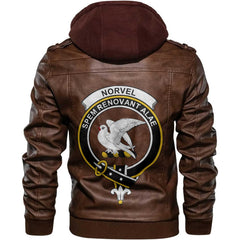 Clan Norvel Tartan Zip Leather Jacket Crest And Plaid Basic Style