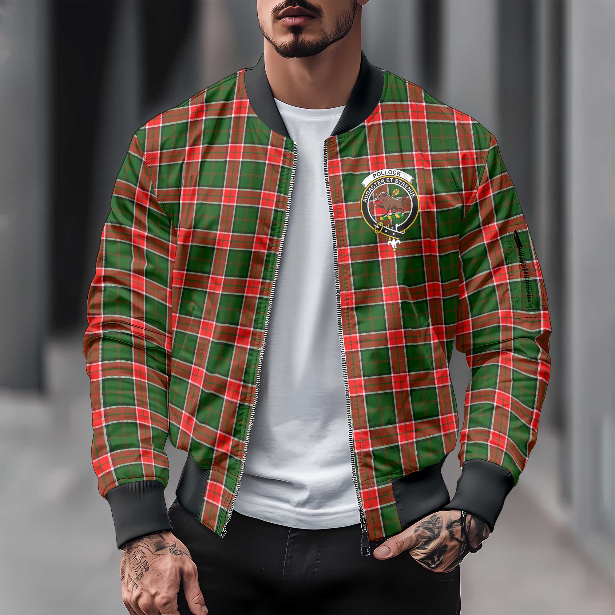 Clan Pollock Tartan Men Bomber Jacket Crest And Plaid Basic Style