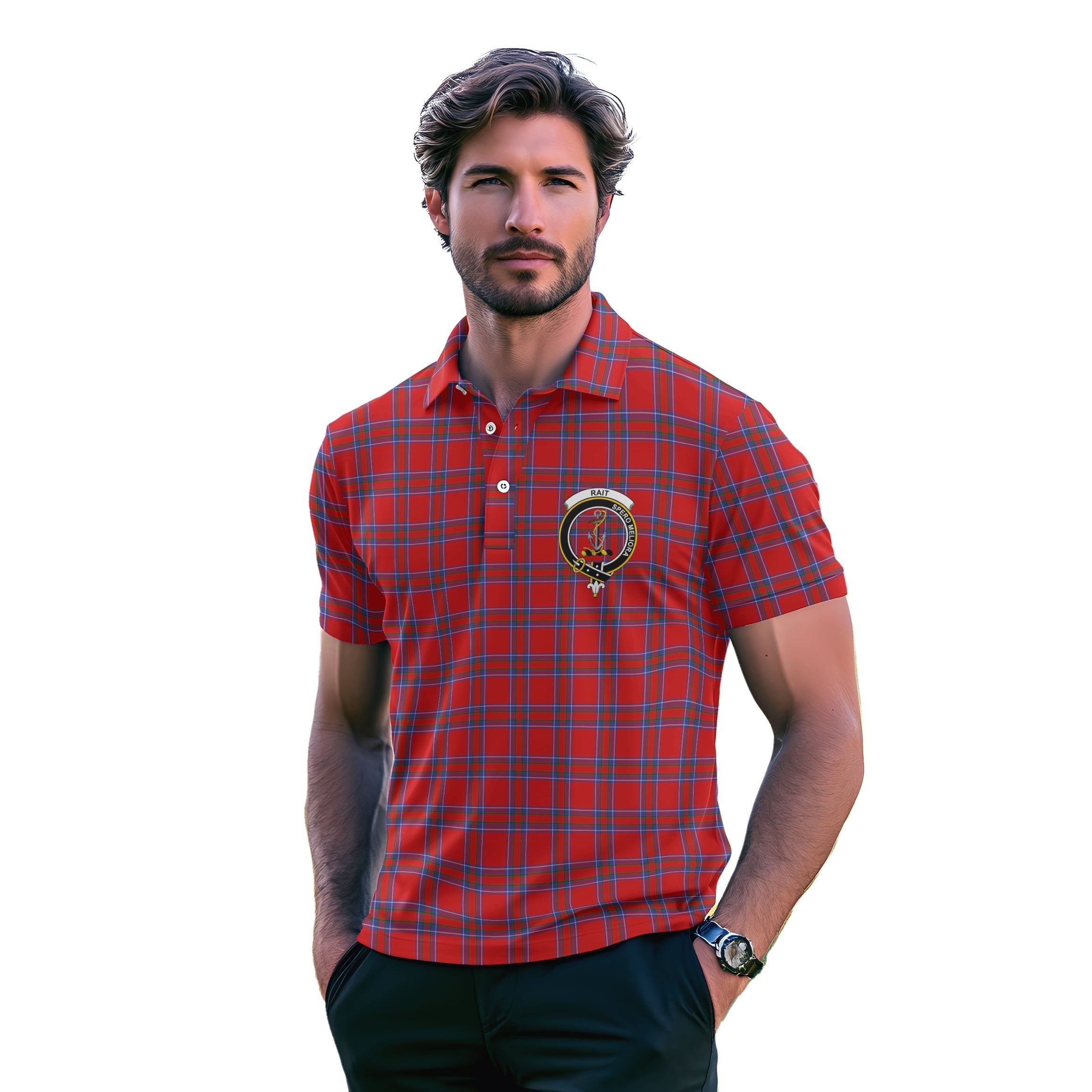 Clan Rait Tartan Golf Men Polo Shirt Crest And Plaid Basic Style
