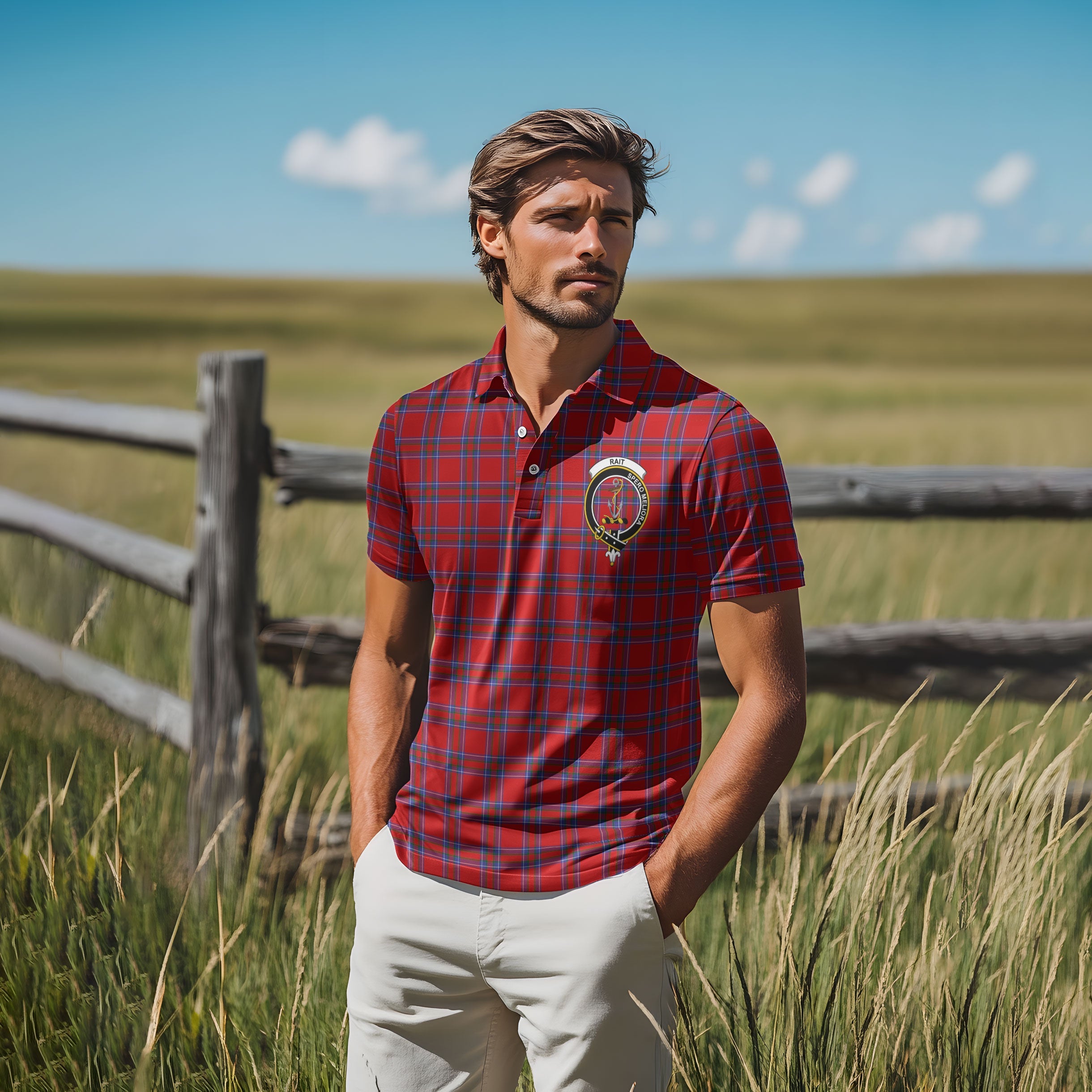 Clan Rait Tartan Golf Men Polo Shirt Crest And Plaid Basic Style
