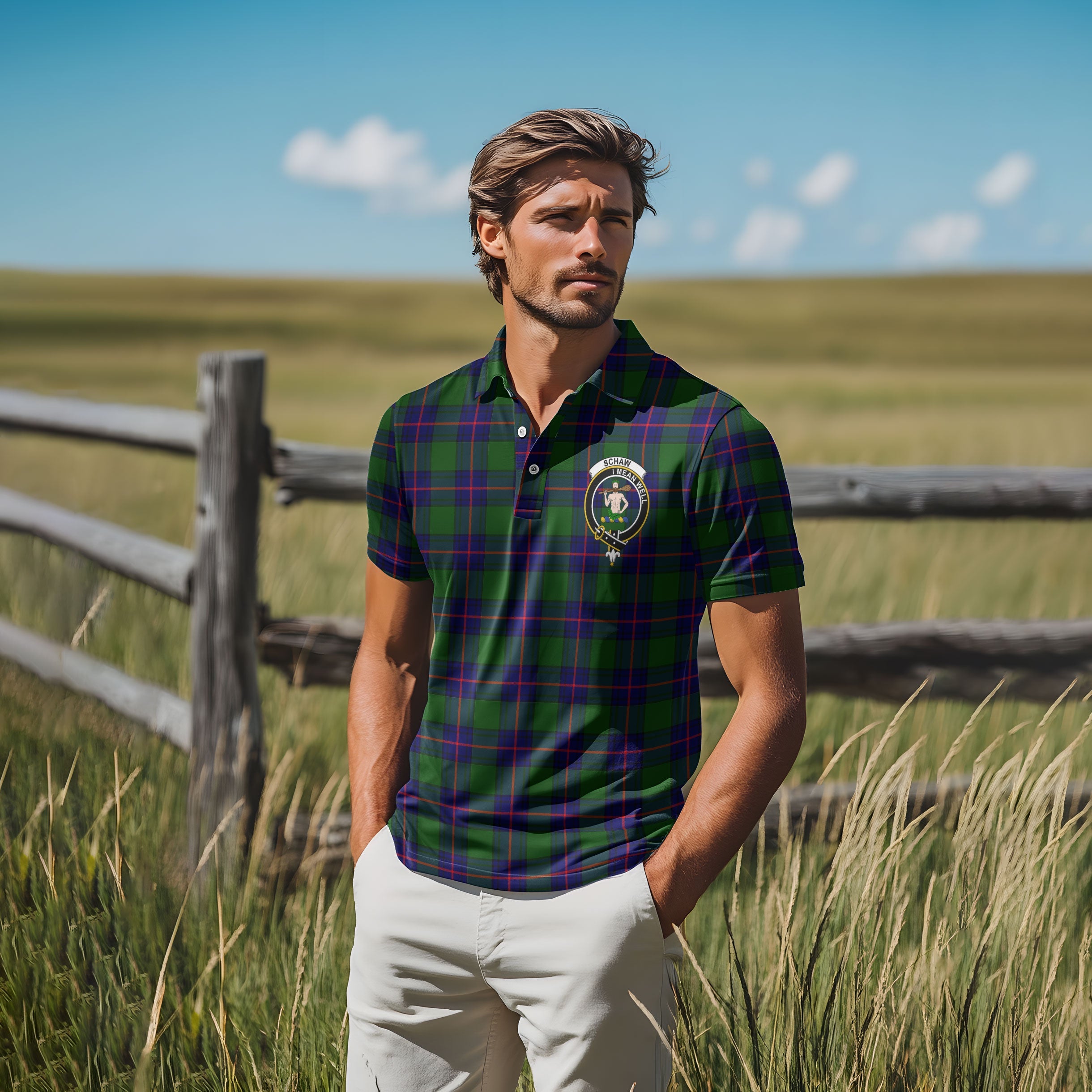Clan Schaw Tartan Golf Men Polo Shirt Crest And Plaid Basic Style