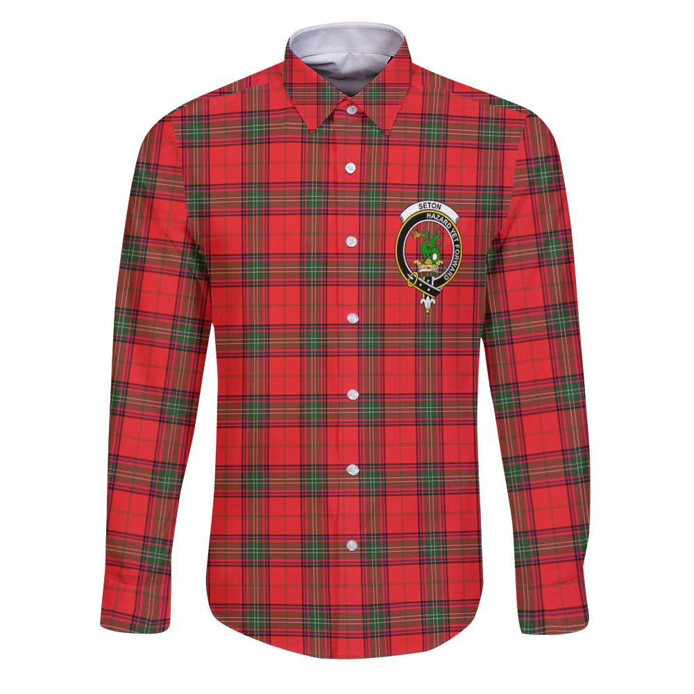 Clan Seton Tartan Long Sleeve Button Shirt Crest And Plaid Basic Style