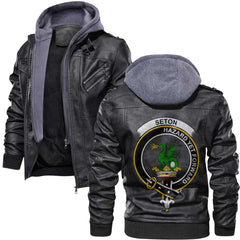 Clan Seton Tartan Zip Leather Jacket Crest And Plaid Basic Style