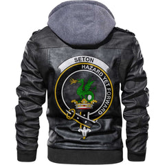 Clan Seton Tartan Zip Leather Jacket Crest And Plaid Basic Style
