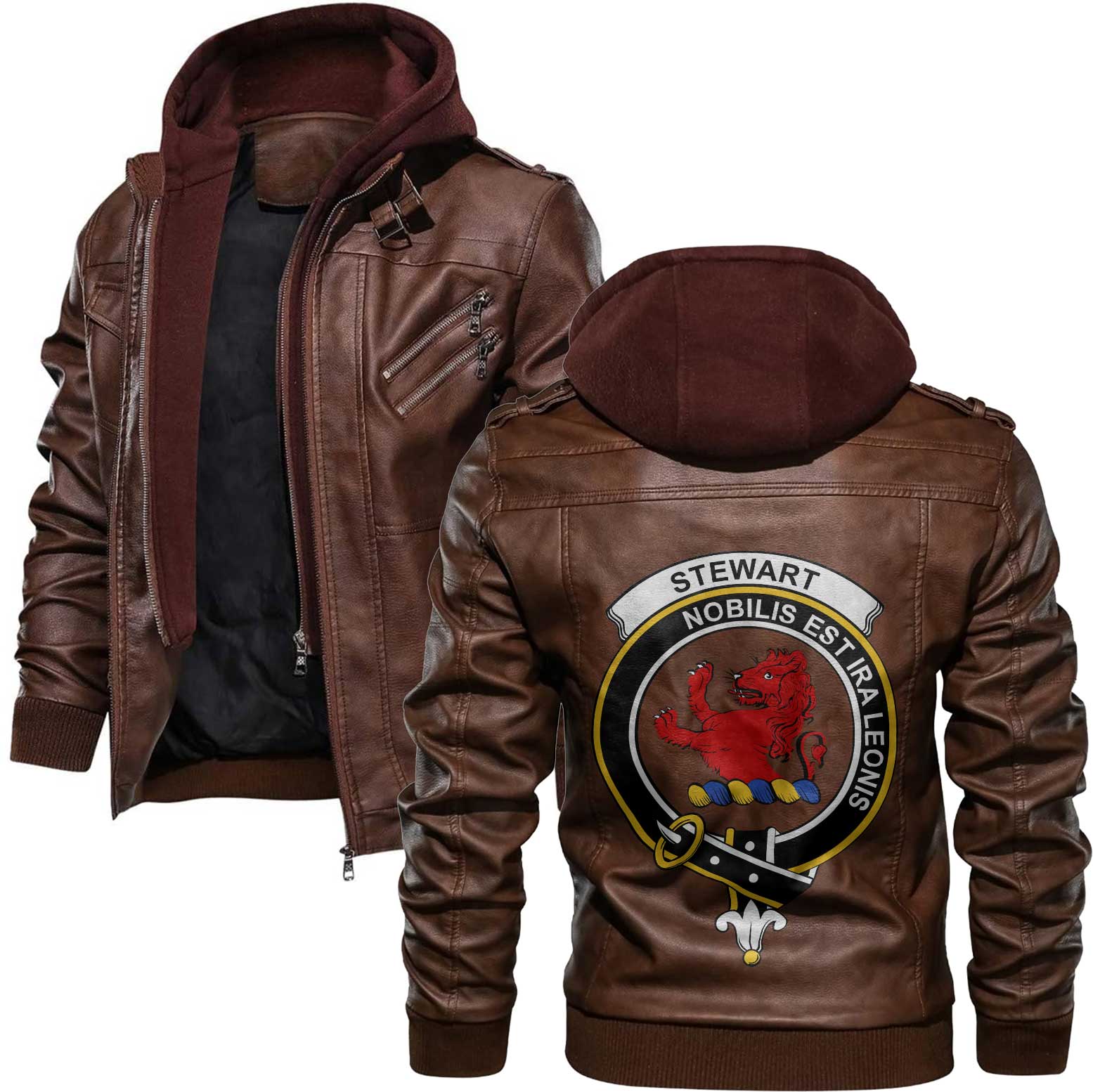 Clan Stewart Stuart Of Bute Tartan Zip Leather Jacket Crest And Plaid Basic Style