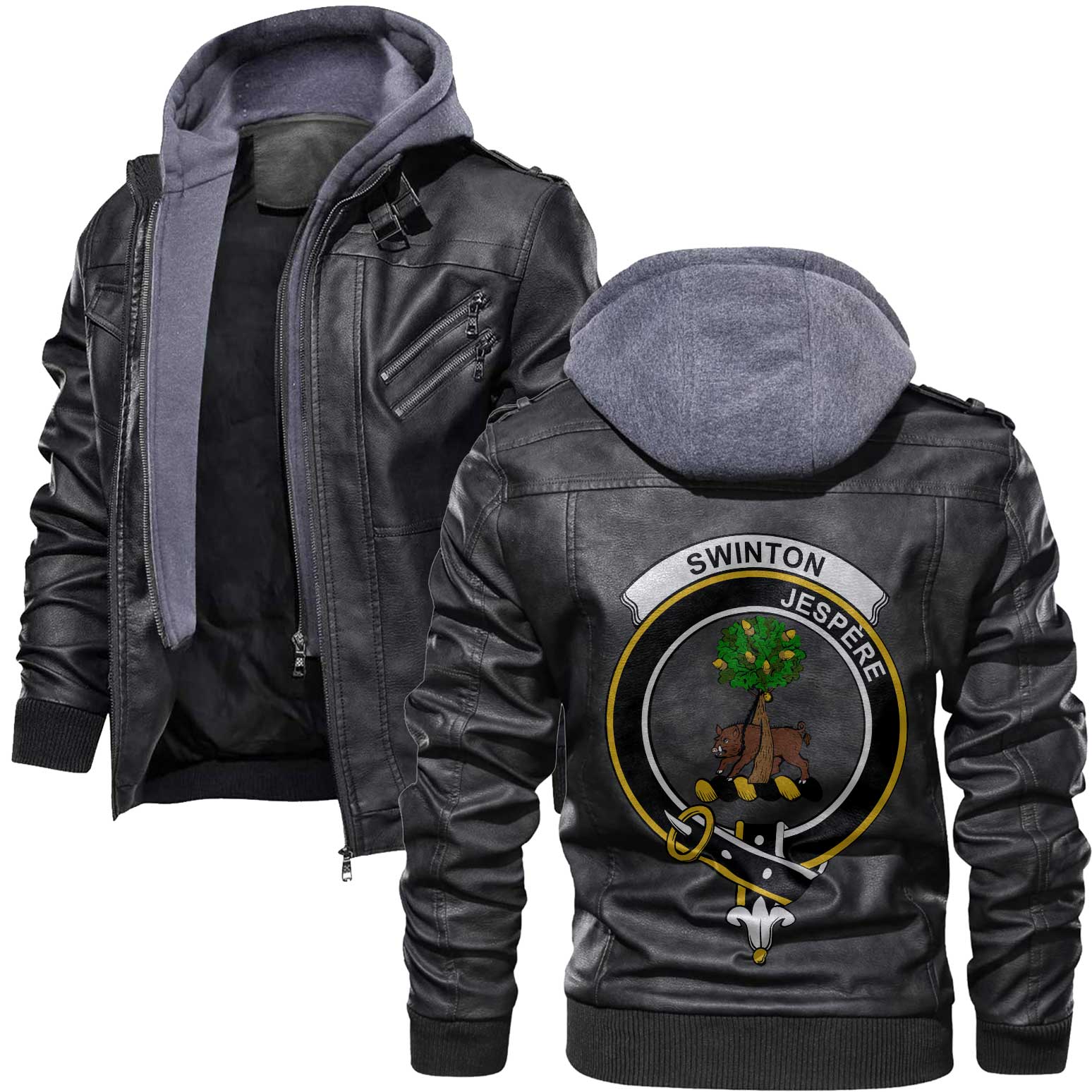 Clan Swinton Tartan Zip Leather Jacket Crest And Plaid Basic Style