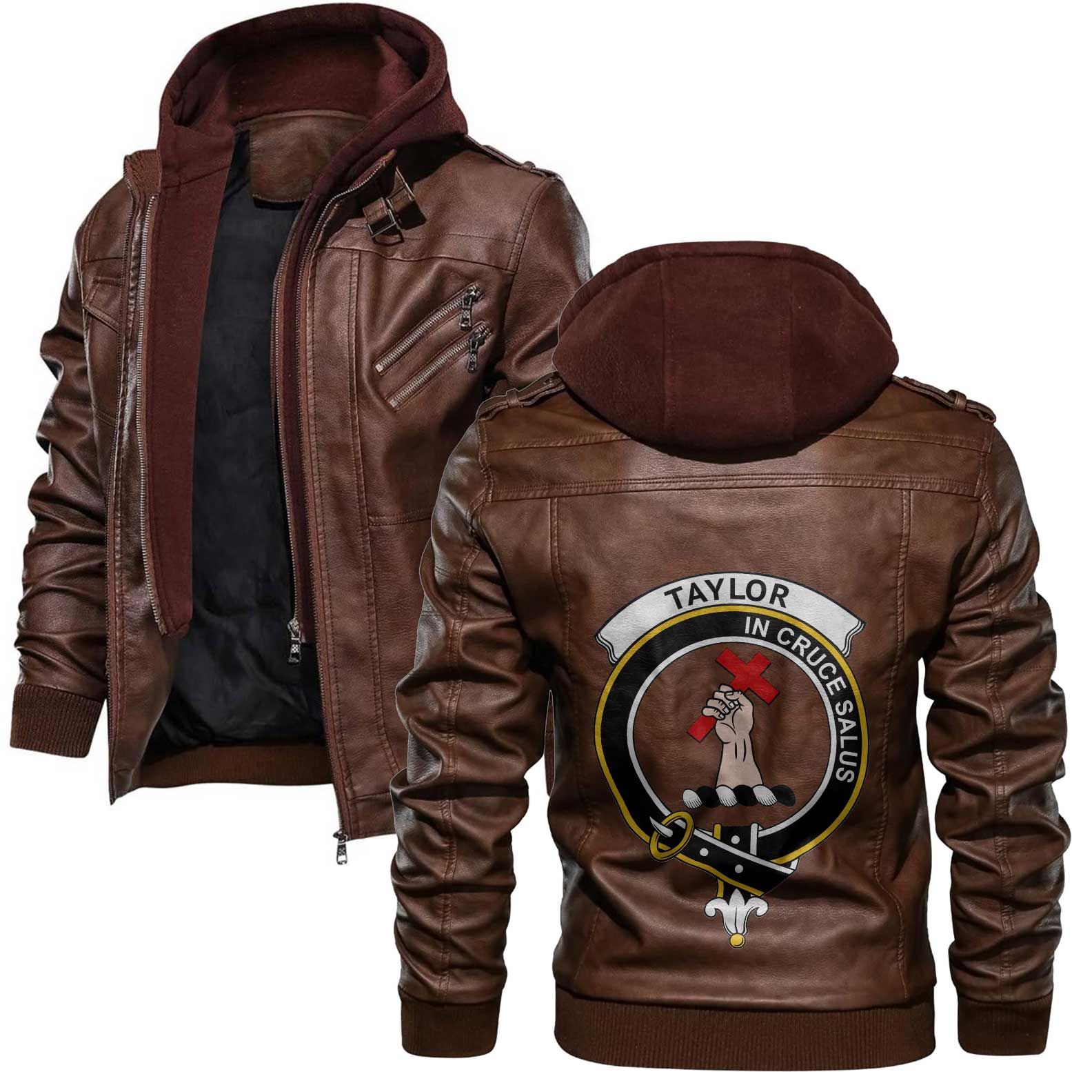 Clan Taylor Tartan Zip Leather Jacket Crest And Plaid Basic Style