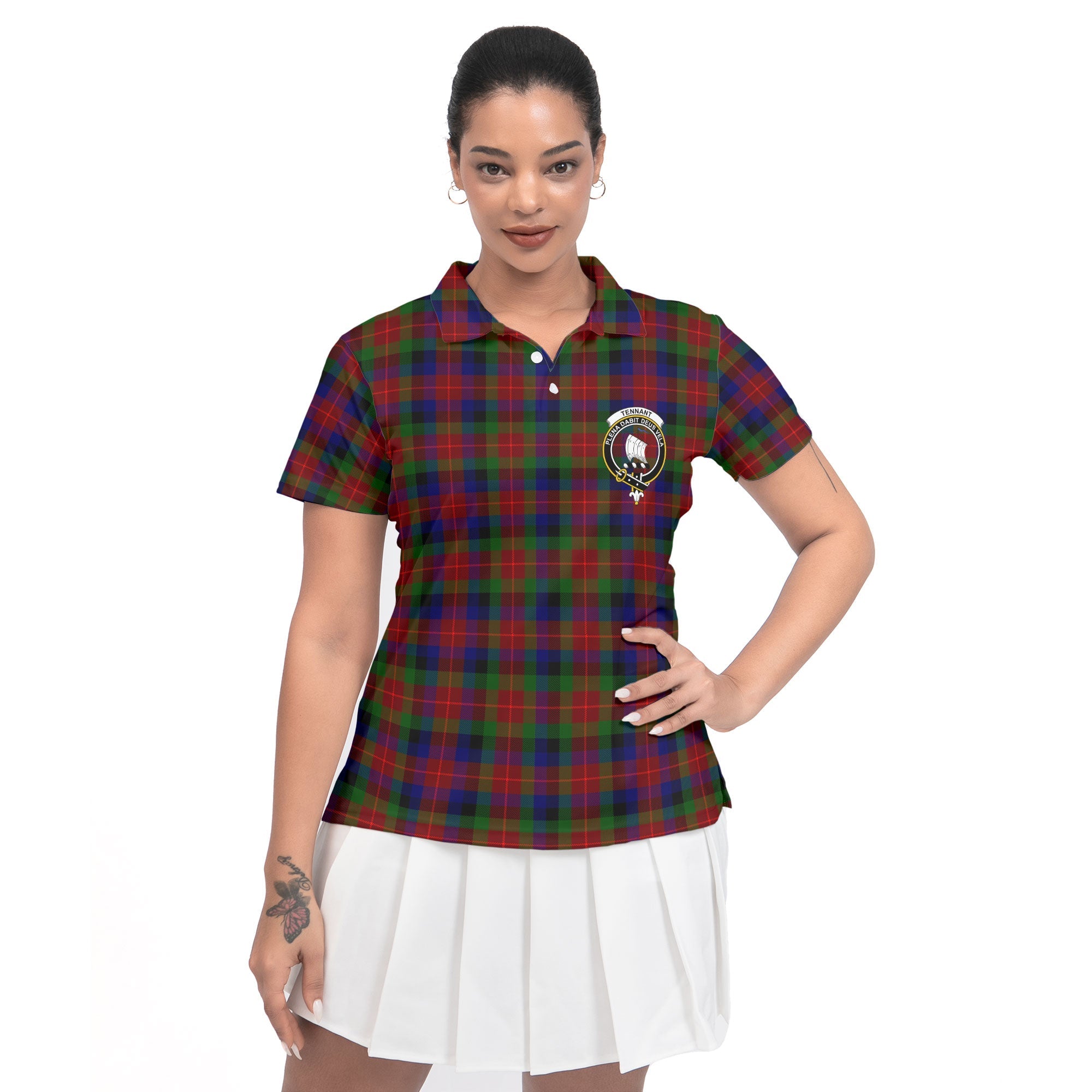 Clan Tennant Tartan Women Polo Shirt Crest And Plaid Basic Style