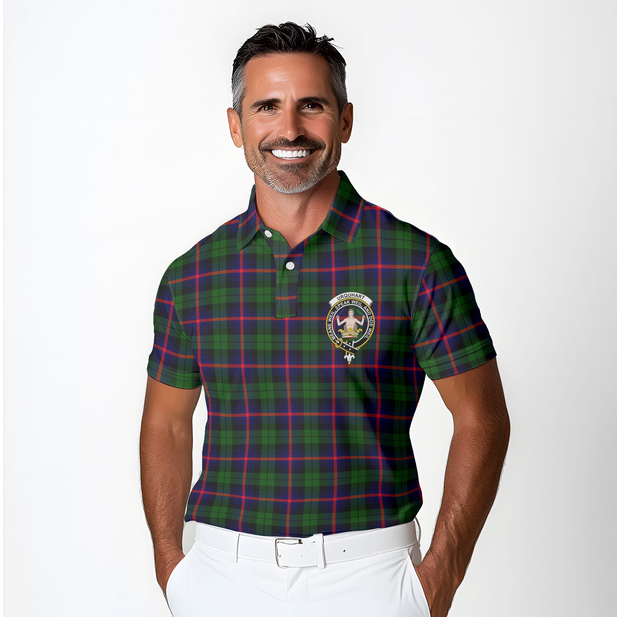 Clan Urquhart Tartan Men Polo Shirt Crest And Plaid Basic Style