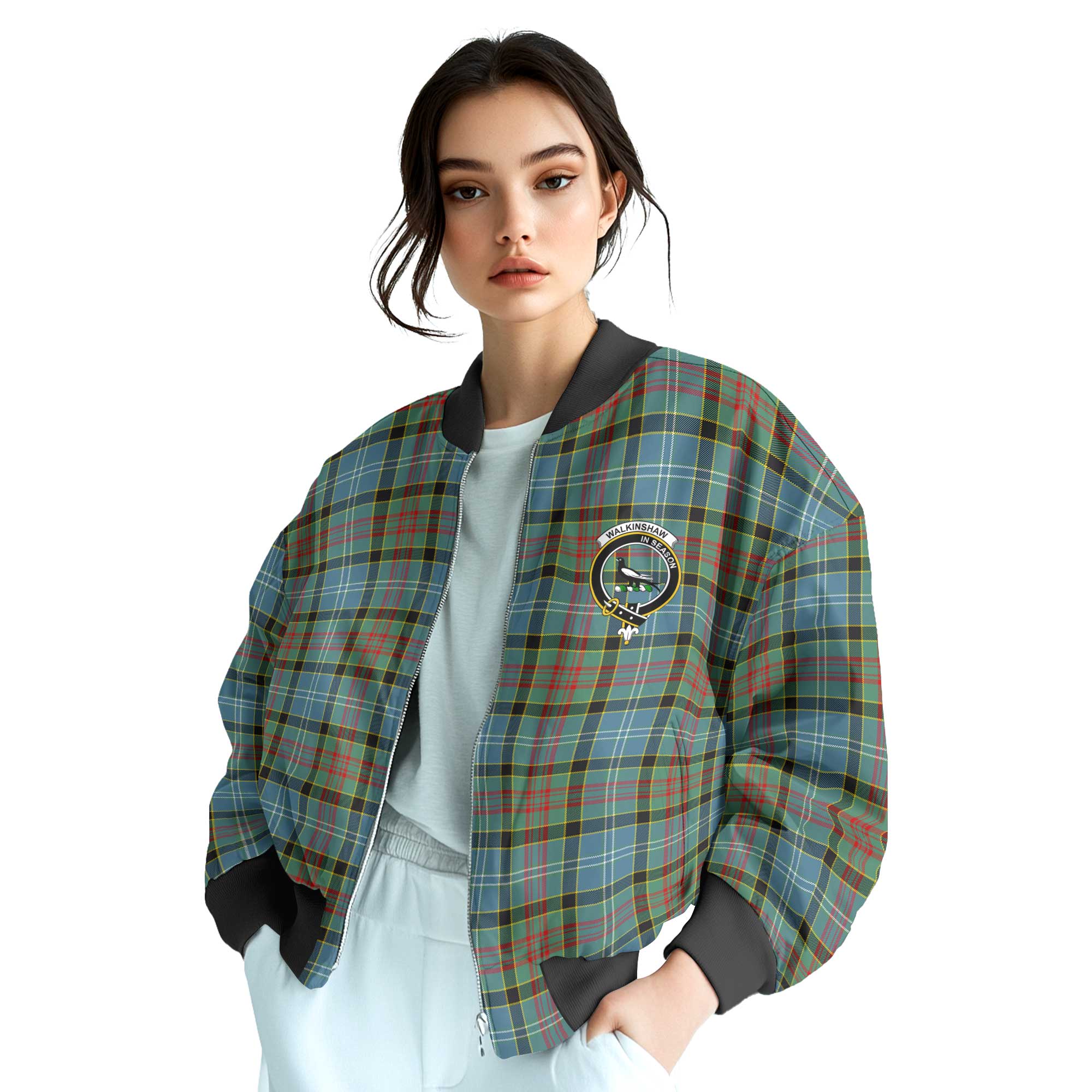 Clan Walkinshaw Tartan Women Bomber Jacket Crest And Plaid Basic Style