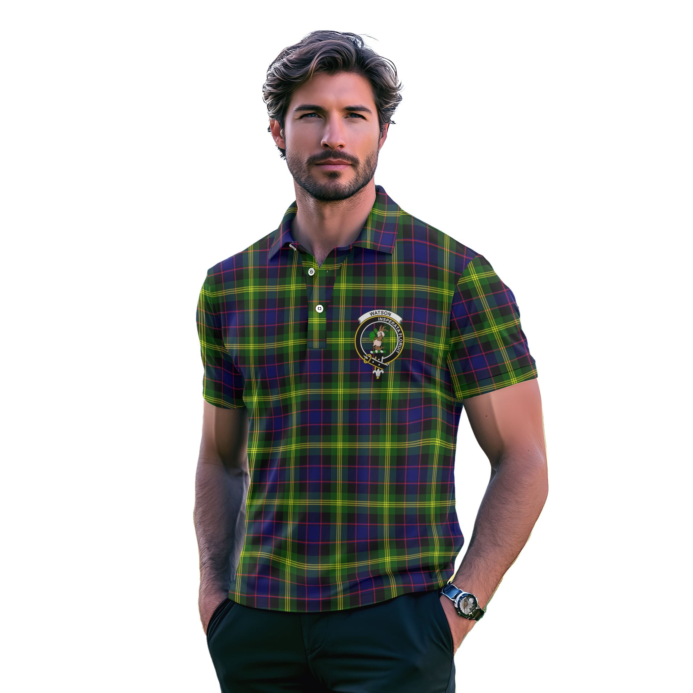 Clan Watson Tartan Golf Men Polo Shirt Crest And Plaid Basic Style