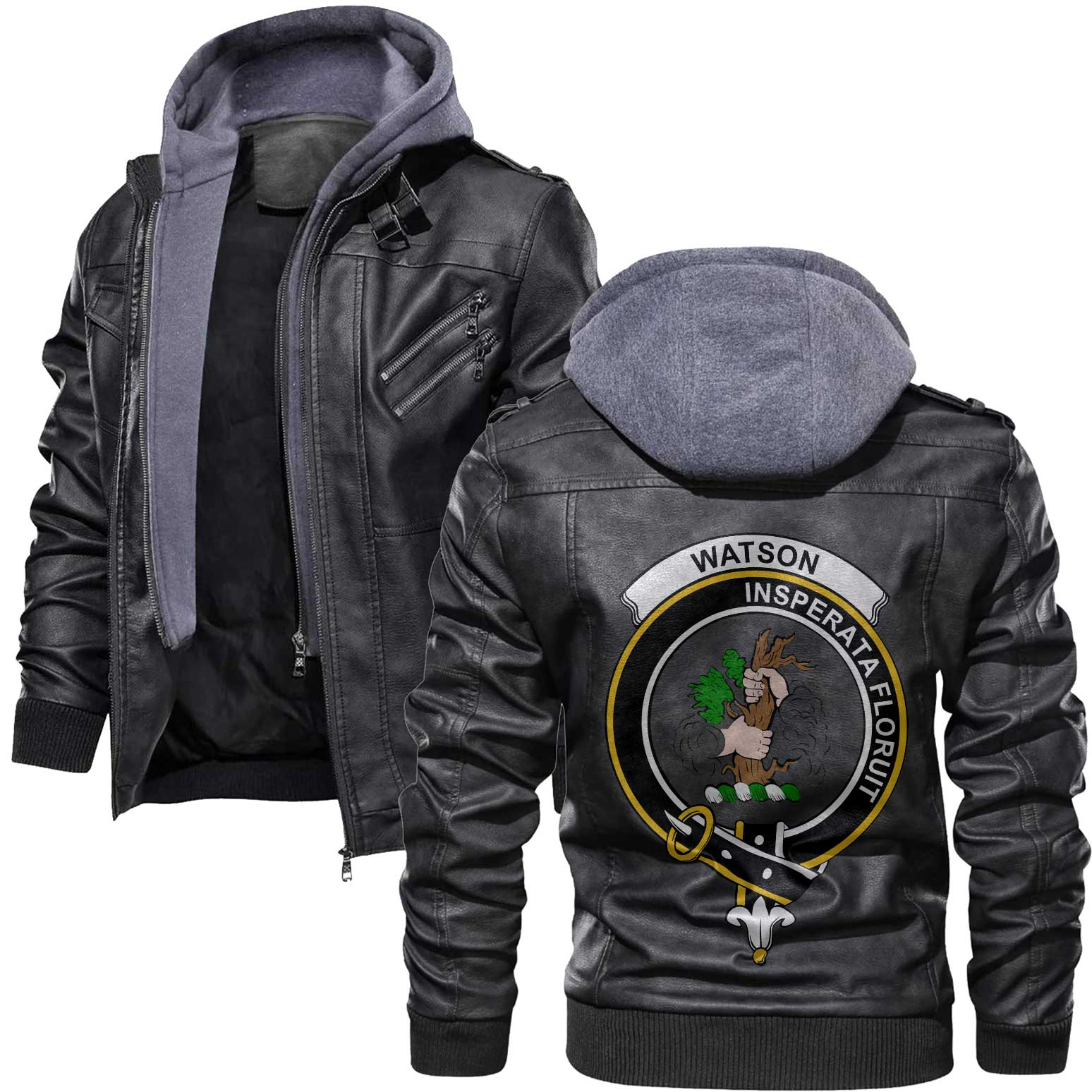 Clan Watson Tartan Zip Leather Jacket Crest And Plaid Basic Style