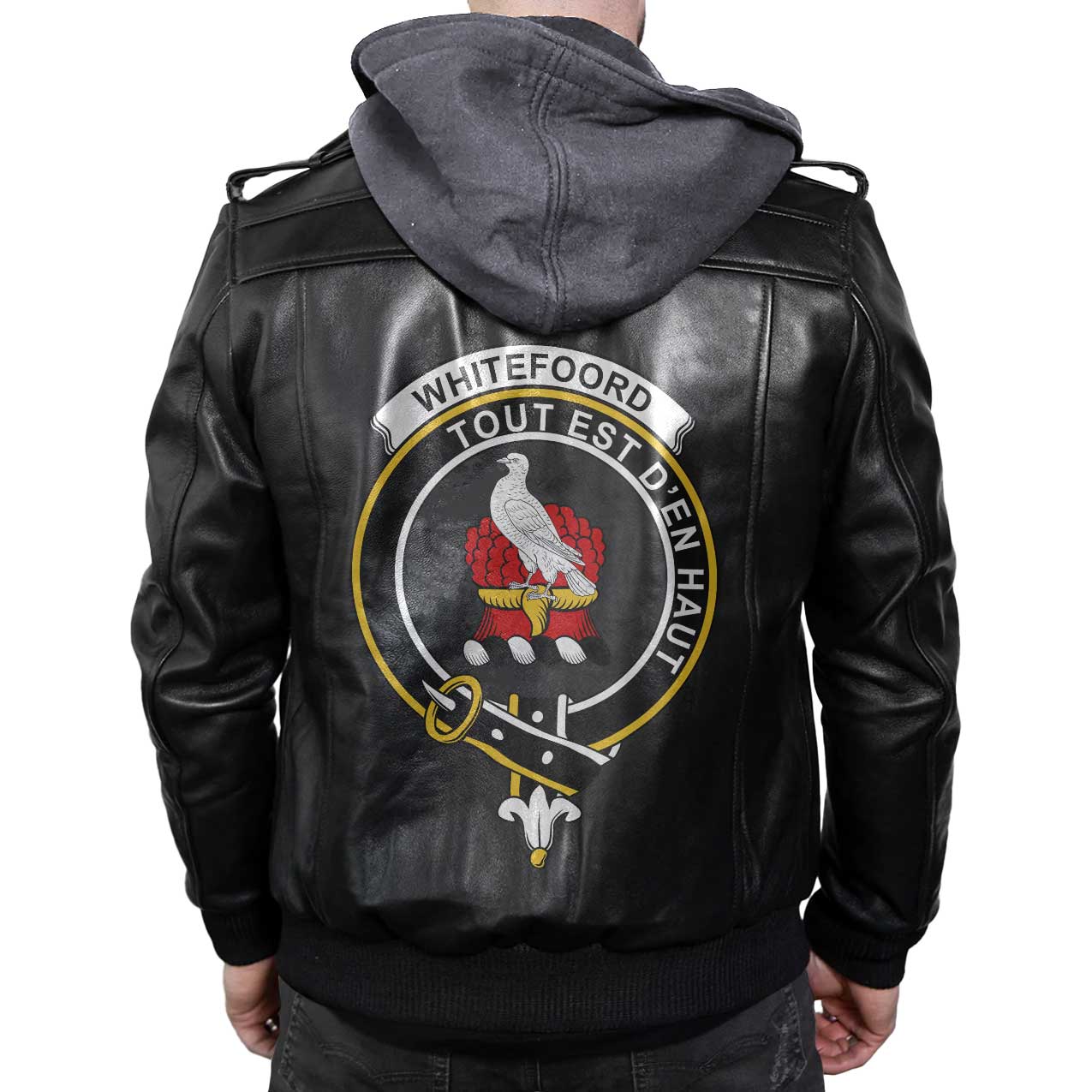 Clan Whiteford Tartan Zip Leather Jacket Crest And Plaid Basic Style