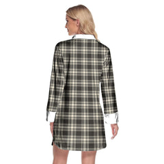 Menzies Black White Ancient Tartan Crest Lapel Shirt Dress Long Sleeve