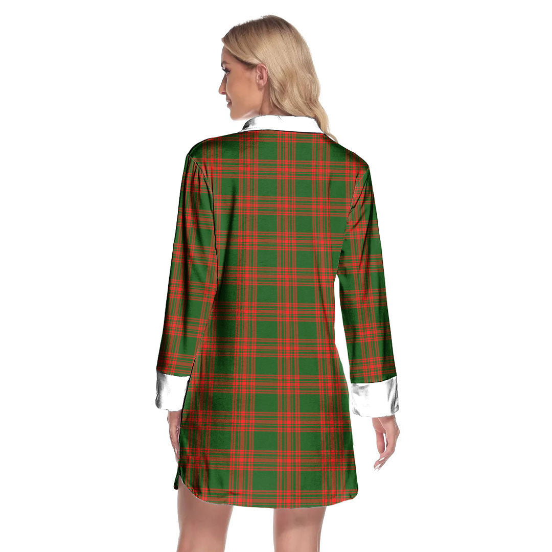 Menzies Green Modern Tartan Crest Lapel Shirt Dress Long Sleeve