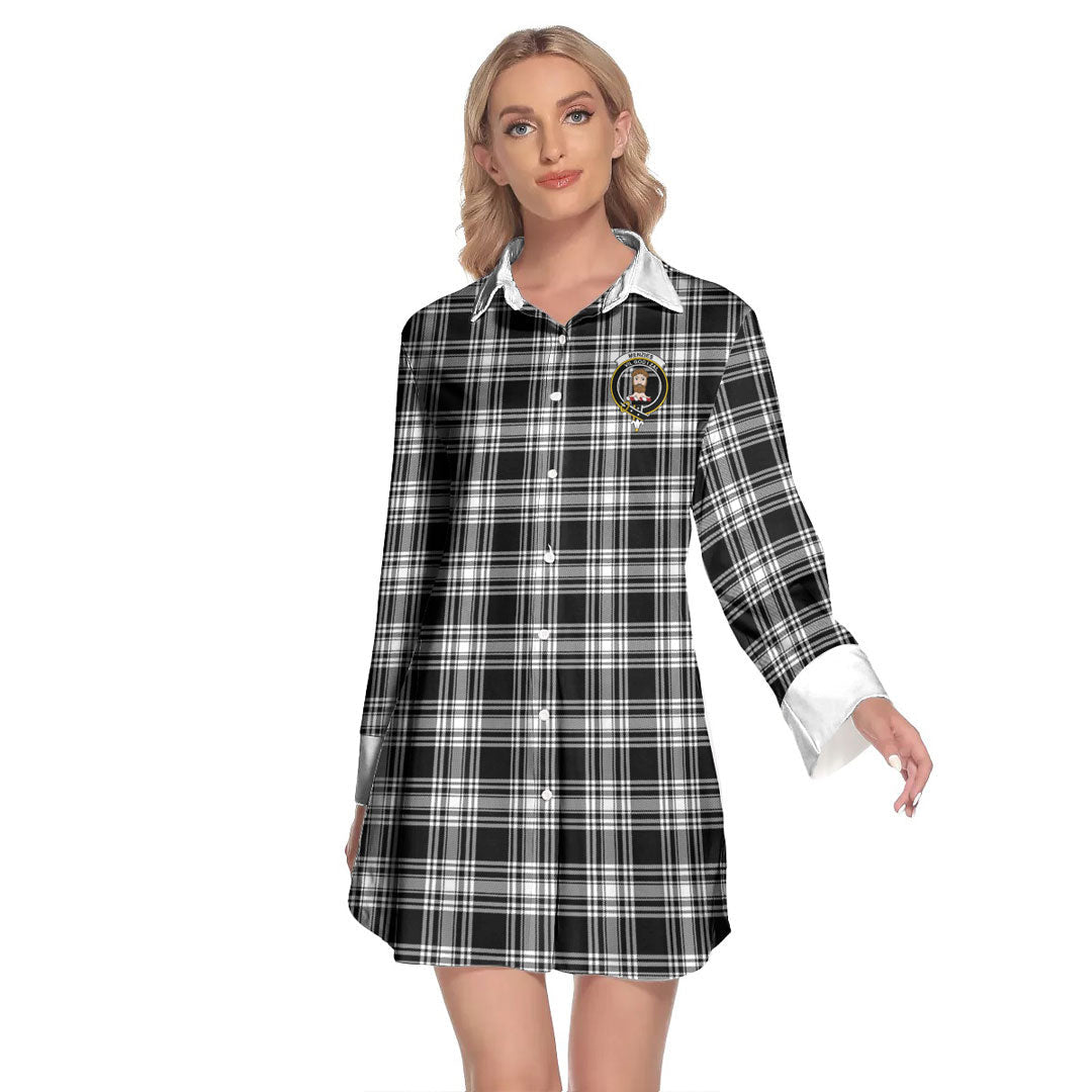 Menzies Black White Modern Tartan Crest Lapel Shirt Dress Long Sleeve