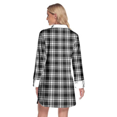 Menzies Black White Modern Tartan Crest Lapel Shirt Dress Long Sleeve