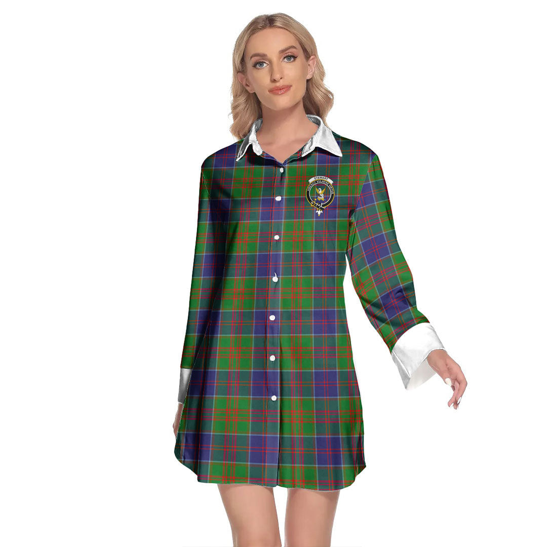 Stewart of Appin Hunting Modern Tartan Crest Lapel Shirt Dress Long Sleeve