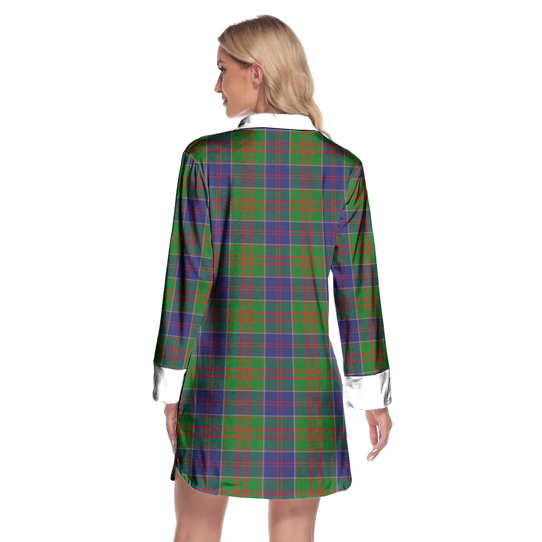 Stewart of Appin Hunting Modern Tartan Crest Lapel Shirt Dress Long Sleeve