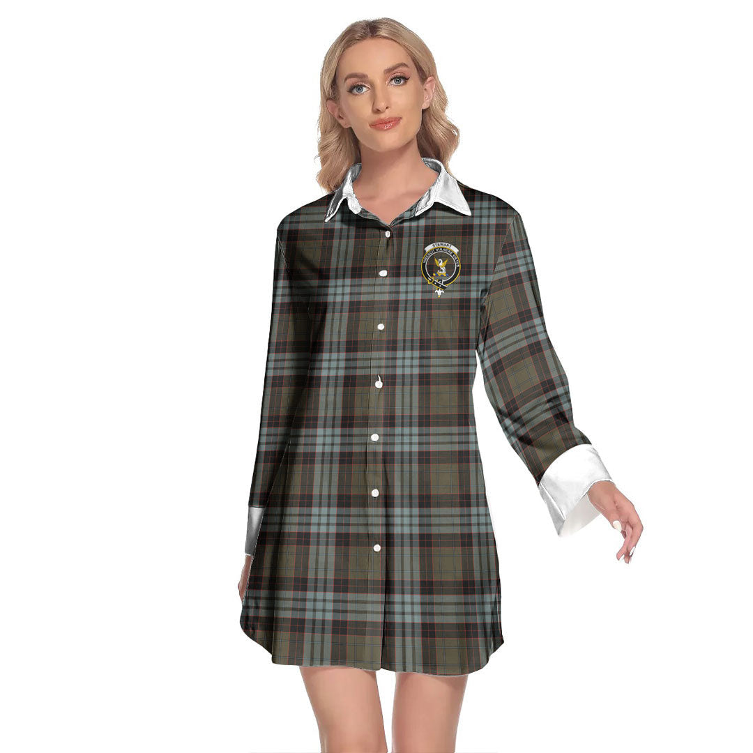 Stewart Old Weathered Tartan Crest Lapel Shirt Dress Long Sleeve