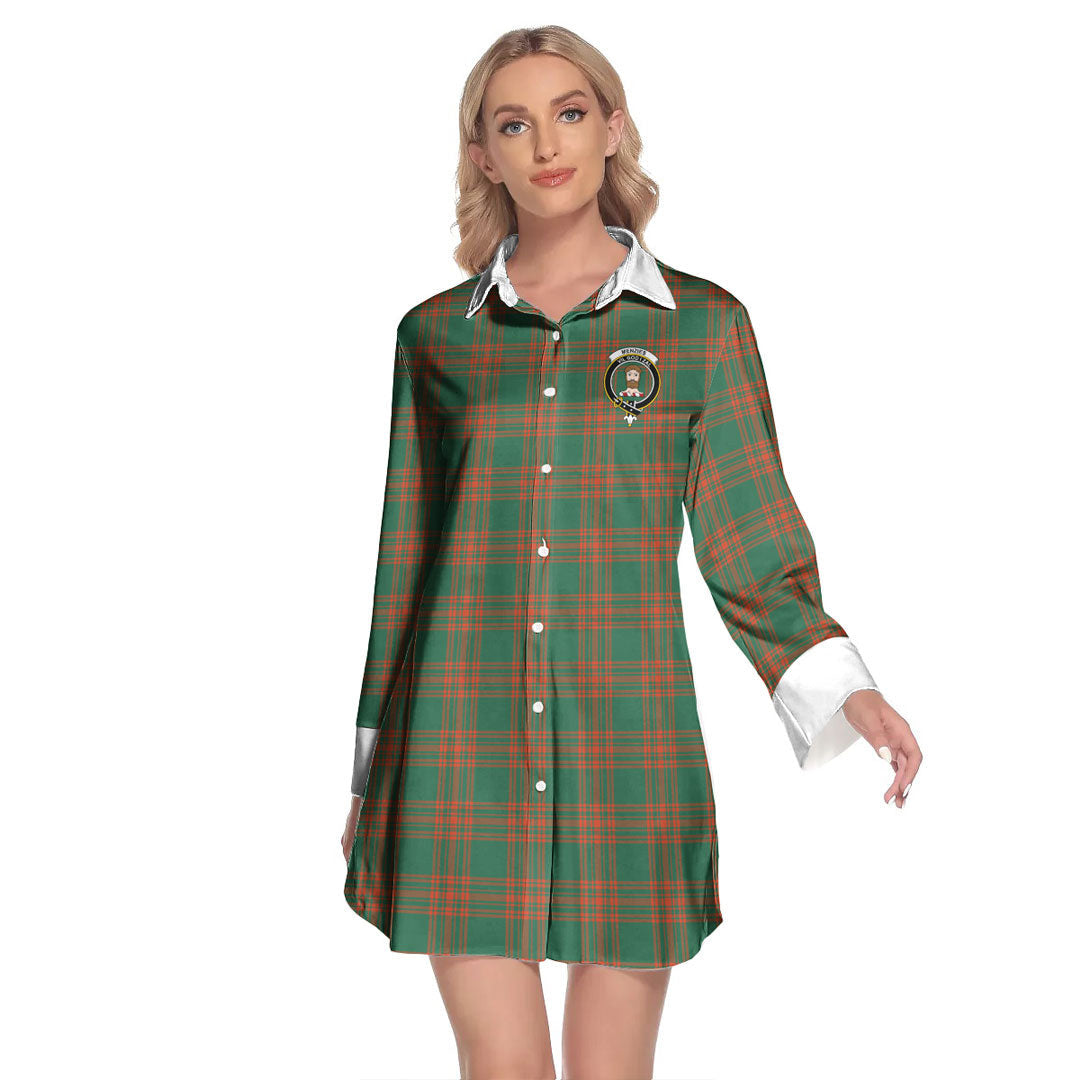 Menzies Green Ancient Tartan Crest Lapel Shirt Dress Long Sleeve